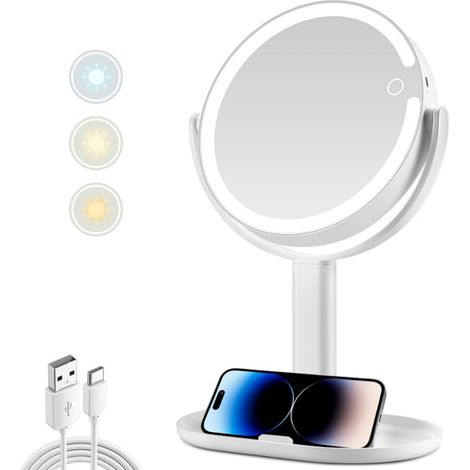 Miroir de maquillage lumineux, miroir grossissant x10 avec éclairage et interrupteur tactile, miroir de maquillage avec éclairage tricolore et 80 LED, miroir grossissant double face avec éclairage, 22 (1/5)