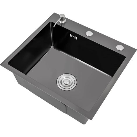 Fregadero de cocina negro, 45 x 50 cm, Fregadero de acero inoxidable, Fregadero de empotrable, rectangular, 1 cuenco, cocina, con dispensador de jabón, pequeño