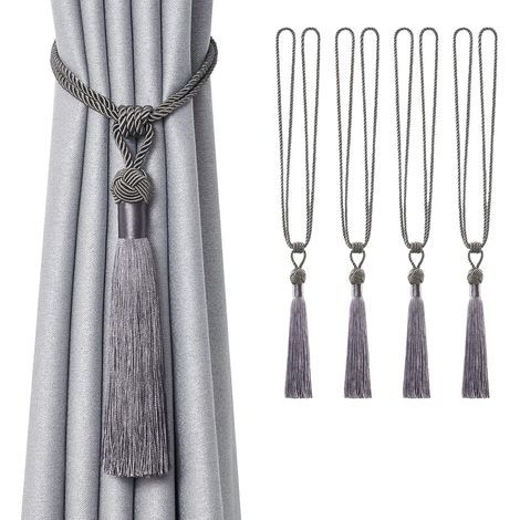 Attaches de rideaux à pompons pour décoration de fenêtre de bureau ou de maison (gris, lot de 4)