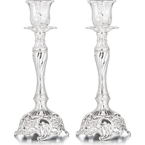 Bougeoirs - Lot de 2 - Porte-bougies - Étagère à bougies - Bougeoir - Dessous de verre - Décoration intérieure - Métal - Argent - 7,6 x 7,6 x 18,8 cm (1/5)