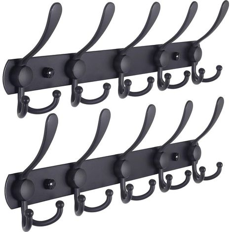 Porte-Manteau Mural - 5 Crochets Triples, Robustes, Acier Inoxydable, Rail De Crochet En Métal Pour Porte-Manteau, Porte-Serviettes, Porte-Monnaie, Robes D'entrée De Salle De Bain (Noir, 2 Paq (1/5)