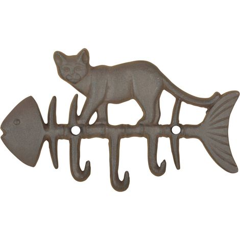 Esschert Design Garderobenleiste Katze auf Fisch mit 3 Haken - Gusseisen