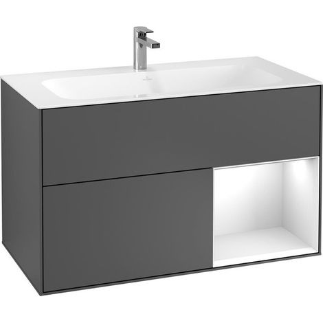 Finion, Muebles de baño, 996 x 591 x 498 mm, Angular, con estantería (iluminada), modelo suspendido, En madera, iluminación LED, 1x LED / 2.3W, 2x LED / 4.2W, 2700 K a 6480 K, Blanco brillante Barniz