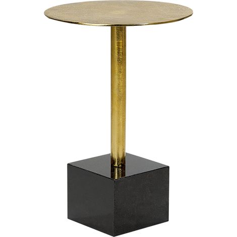Mesa auxiliar redonda de estilo moderno con tapa de metal y base de piedra en color dorado y negro Colibri