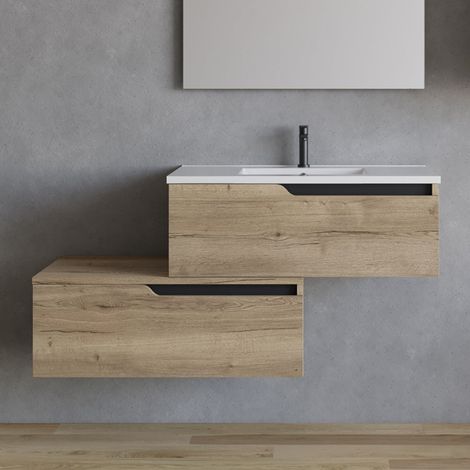 Meuble de salle de bain 120cm avec plan simple vasque - sans miroir - 2 tiroirs - madera miel (chêne clair) - CADIX (1/5)
