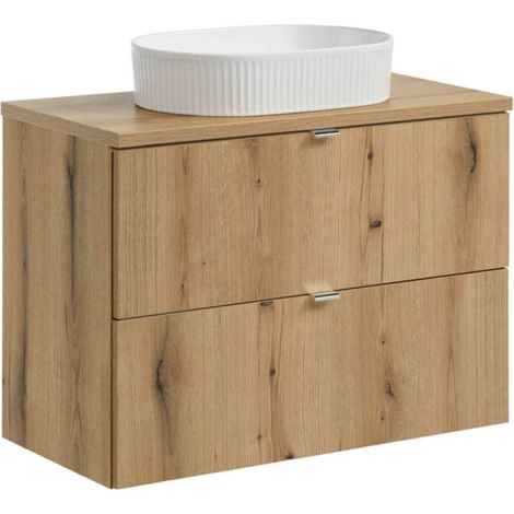 Set VANO effetto rovere 80cm: mobili sottolavabo con cassetti + piano per lavabo + lavabo da appoggio bianco scanalato