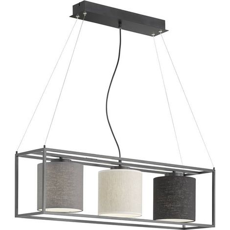 Suspension GILLI E27 3x40W métal sable noir, tissu lin couleur sable/PVC blanc, noir, gris H: 160cm L: 90cm l: 20cm dimmable, réglable en hauteur (1/4)