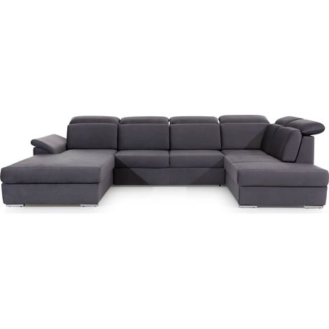Canapé panoramique convertible LEVANO velours - Rangement et appuie-têtes réglables-Gris anthracite-Coffre à gauche (1/5)