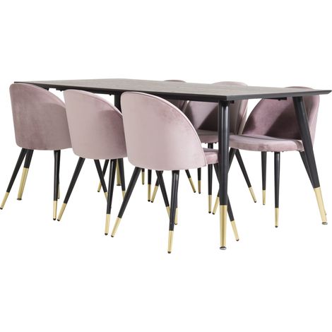 Dipp180x90BLBR Essgruppe Esstisch schwarz und 6 Velvet Esszimmerstühle Velour pink, schwarz, Messing dekor.