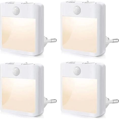 Lot de 4 douilles pour veilleuse LED avec détecteur de mouvement, luminosité de la douille, lampe de nuit blanc chaud ODIPIE (1/4)