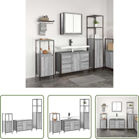 vidaXL Badezimmer Schrank - Badezimmermöbel Set mit Regal 3 pcs Grau Sonoma und Schwarz (1/5)