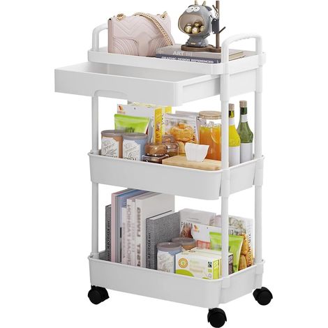 Chariot de Rangement à 3 étages avec Poignée, Chariot de Rangement Multifonction avec Paniers en Filet et Roues Verrouillables pour Salle de Bain, Cuisine, Bureau, Salle de Classe (Blanc) (1/5)