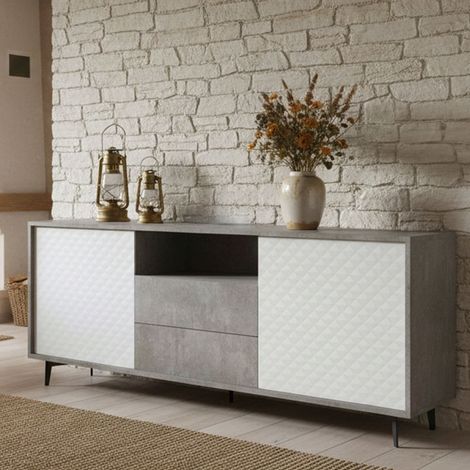 Dmora - Kommode Ddiges, Buffetschrank mit 2 Türen und 2 Schubladen, Elegantes Sideboard für das Wohnzimmer, Fernsehschrank, 100% Made in Italy, 184x45h77 cm, Weiß und Beton (1/4)