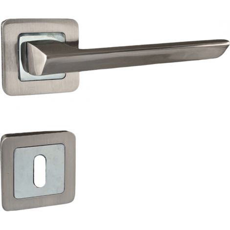 Secury-T – Poignées de porte sur rosace zamac chromées satinées – Modèle Morgan – Trou de clé L – Épaisseur 38 à 50 mm – Fixation vis à bois