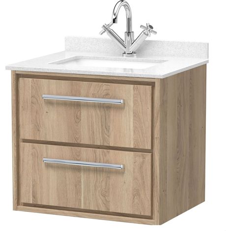 Longnor 2 Drawer Wall Hung Vanity Unit with Square Basin and Marble Worktop, Light Oak, 600mm