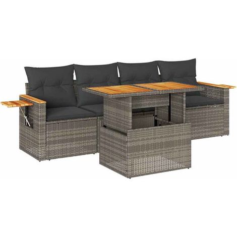 Ensemble de mobilier de jardin cinq pièces, avec coussins gris, tressé en rotin d'acacia. (1/5)