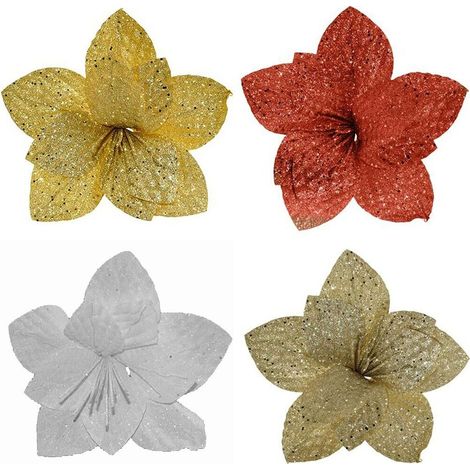 Fiore stella glitter per albero di natale addobbi decorazioni natalizi ornamento casa vetrine set 3 oro bianco rosso champagne - colorigenerali: ORO (1/5)
