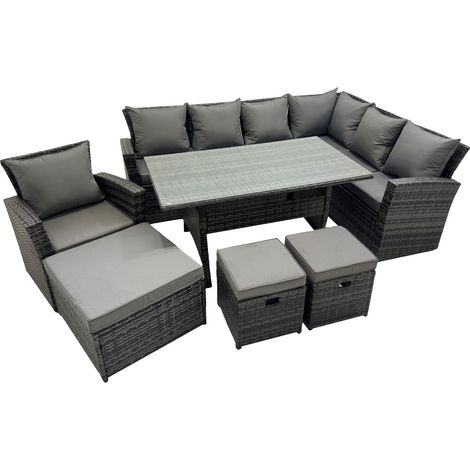 Fimous Rattan Garden Furniture Set Outdoor 10 Seater Patio Dining Corner Sofa Sets with Dining Table Chair Dark Grey Mixed (1/5)