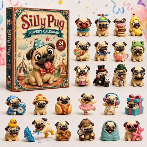 Mops-Adventskalender 2026 – 24-teilig – beige, braun, rot, blau – Acryl – 28 x 20 cm – lustiges Mops-Weihnachtsbaumschmuck-Set – Weihnachtsbaumschmuck – geeignet für Weihnachten und als Dekoration für (1/4)