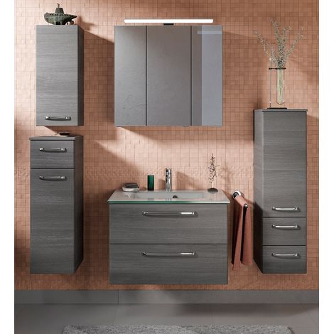 Badezimmer Komplett Set mit Glaswaschbecken TRENTO-66 in Graphit Struktur Nb., B/H/T: ca. 167/200/50 cm (1/5)