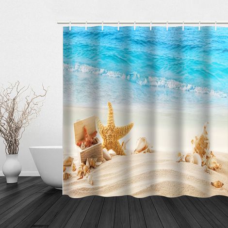 Rideau de douche à motif de plage, imperméable et anti-moisissure, avec crochets, 180 cm x 180 cm (1/5)