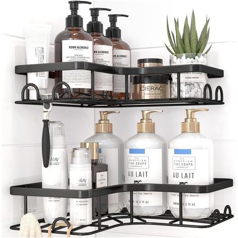 Shower shelf without drilling - Set of 2, Large capacity bathroom corner shelf, Shower storage with 8 hooks, Space saving for Shower interior, Black (1/5)