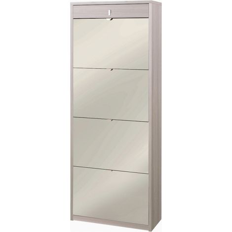 Zapatera de 4 puertas con espejo y 1 cajón, 63L x 29P x h164 – Acabado Olmo Claro – Sarmog