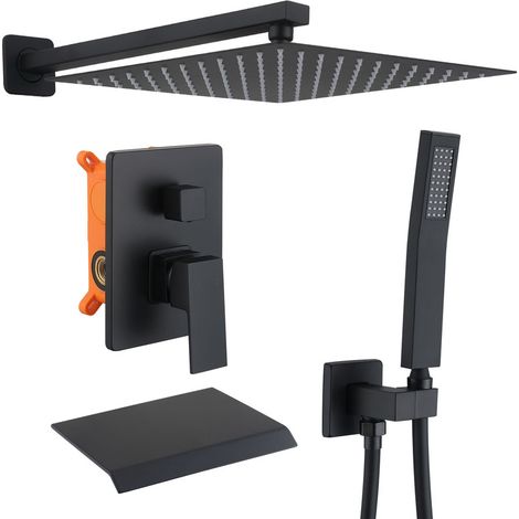 Colonne de Douche Encastrable Noir avec Grande 30x 30cm Douche de Tête, Douchette, Mitigeur de Baignoire à Cascade, Ensemble de Douche Encastrable (1/5)