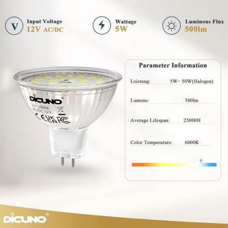 Ampoule LED GU5.3 - - 5W (équiv. 50W) - Blanc froid 6000K - 450 lm - Lot de 10 (1/4)