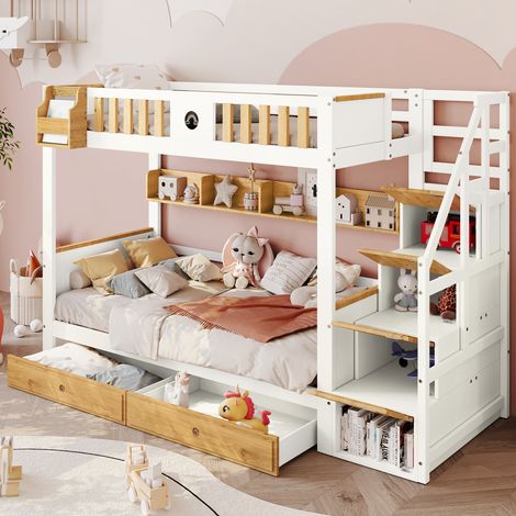 Letti a castello 90x200 cm, letti per bambini con 2 cassetti, 4 casse scala, anti-caduta, stoccaggio aperto, senza materasso, bianco