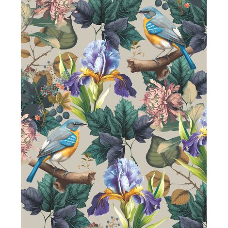 Papier peint panoramique - Fleurs Oiseaux - 130 cm x 159 cm (1/2)