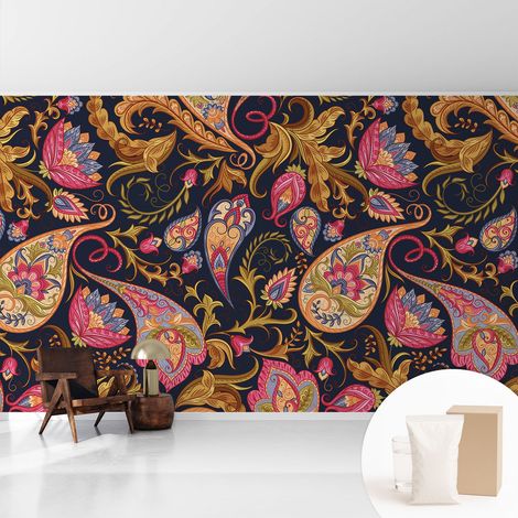 Tapete Vliestapete mit Kleber- abwaschbar - Raumgestaltung Schlafzimmer Wohnzimmer Tapete Buntes Paisley 416x254 cm (1/5)