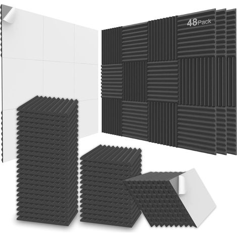 Panneaux de mousse acoustique, 48 paquets 12x12x 1 Inch / 2.5 X 30 X 30cm Panneaux muraux insonorisés auto-adhésifs pour la maison, le bureau et le studio (noir) (1/5)