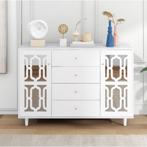 Anrichte 147.5x40x102 cm Weiß MDF mit Spiegeltüren und 4 Schubladen (1/5)
