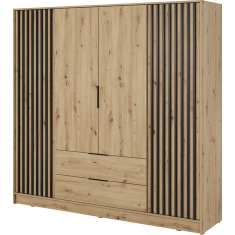 Kleiderschrank 200 cm Fioro - Schrank vom Hersteller, Schlafzimmerschrank - Drehtürenschrank mit Lamellen, 4 Tür (Artisan Eiche)