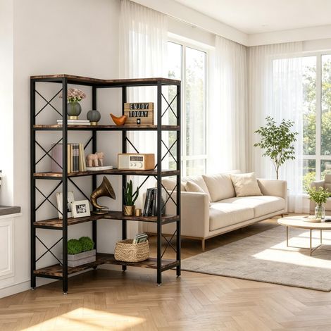 Étagère d’angle style industriel 5 niveaux avec casiers ouverts, rangement gain de place pour salon, bureau ou salle de travail, meuble décoratif vendu à l’unité (1/5)