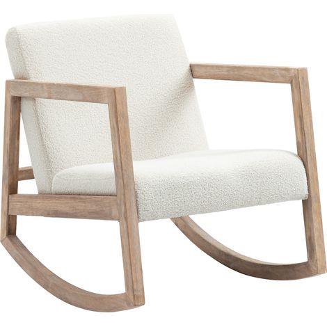 Schaukelstuhl/Stillstuhl mit Bezug aus Bouclé-Wollimitat und Beinen aus massivem Gummibaumholz, Schaukelstuhl für Schlaf- und Wohnzimmer – 60 x 81 x 71 cm, cremeweiß