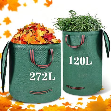 Green Waste Garden Sack, Pack of 2 120L and 272L Green Waste Sacks, Garden Waste Bags with Lid and Handle, Durable, Waterproof, Suitable for Waste Grass, Leaves (1/5)