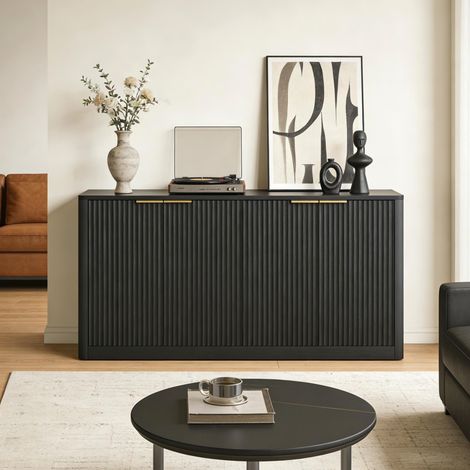 Buffet 150x40x70,5cm - Design Moderne Ondulé avec 4 Portes et Plateau Aspect Bois Chêne - Noir & Naturel (1/5)