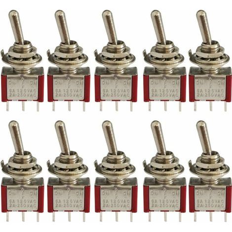 BDD 10er-Pack Mini-Wippschalter, AC 125 V 6 A / 250 V 2 A, 3-poliger SPDT-Ein-Aus-Ein-Schalter, 3-polig, 3-Positionen, selbstverriegelnd, für Kfz-Teile, Rot (1/5)