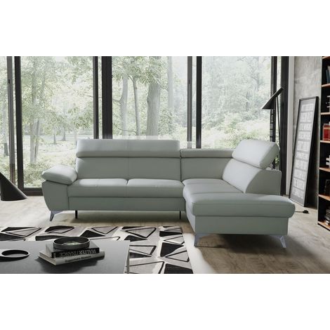 Canapé d'angle convertible en cuir italien de luxe 5 places WARREN II, avec coffre, gris clair, angle droit (1/5)