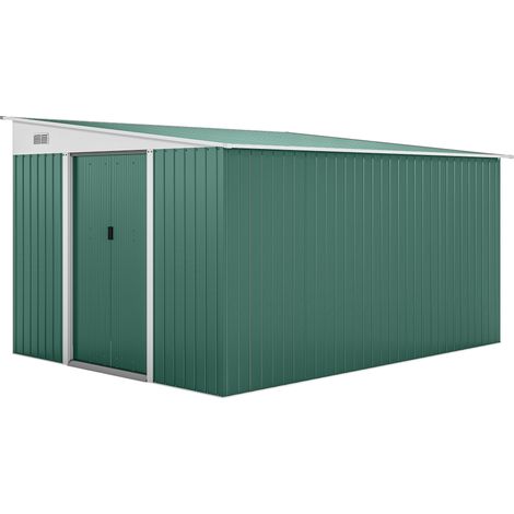 Abri de jardin avec porte coulissante, en acier, 345 x 280,5 x 169-201 cm, vert