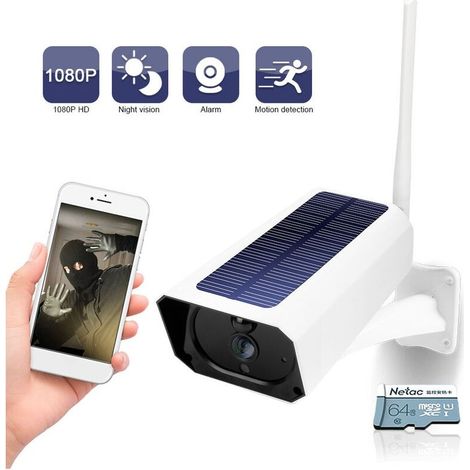 Caméra de surveillance intérieure/extérieure solaire 1080P – Wi-Fi, IP65 étanche, vision nocturne infrarouge, détection humaine PIR – Installation facile (1/5)