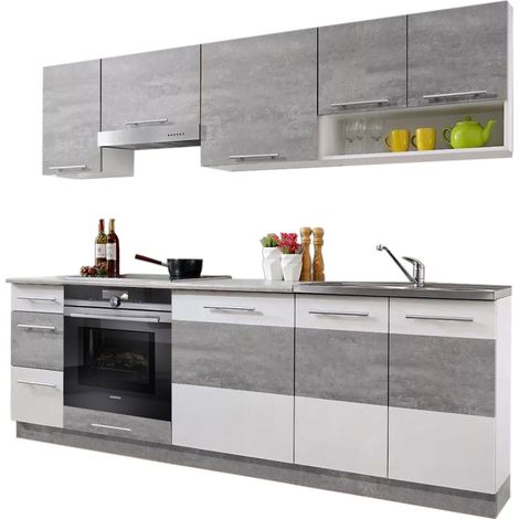 Dusine – Cuisine complète LAX 8 éléments – Longueur 240 cm – Finition béton et blanc mat – Caissons mélaminé certifié FSC – Fabrication européenne (1/2)