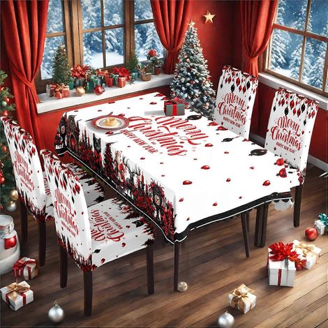 Ensemble de 4 housses de chaises et nappes de table imprimées pour Noël, style restaurant, TC-352 (nappe imperméable 140210cm + 4 housses de chaise)