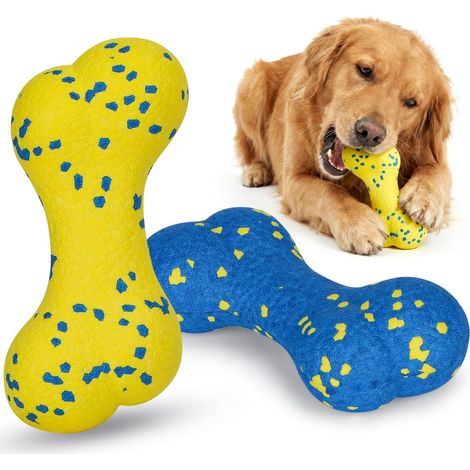 Jouet Chien Indestructible - Pack de 2 Os pour Chien Résistant sans Éclat pour Chiot et Grand Chien, Jouet Flottant et Aquatique pour Nettoyage Dentaire, Jaune et Bleu, 16x7cm (1/5)