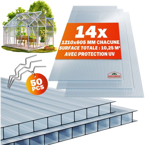 Gardebruk – Set de 14 plaques polycarbonate 60,5 x 121 cm – 10,25 m² – 50 clips vitrage inox – Résistants aux chocs et UV – Fixation facile