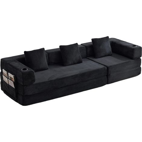 Sofá cama plegable de suelo negro de chenilla con reposabrazos, portavasos y bolsillos (1/5)