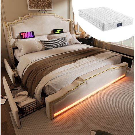 Cama doble 140x200 con almacenaje LED beige OKMYHOME (1/5)