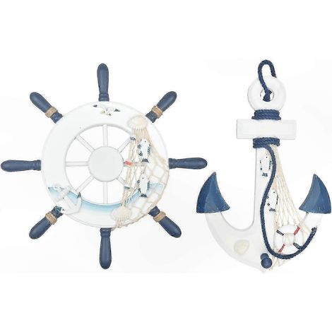 Décoration marine 32cm Roue de bateau en bois et ancre avec corde, ornement mural pour maison, porte et intérieur, style nautique (1/5)